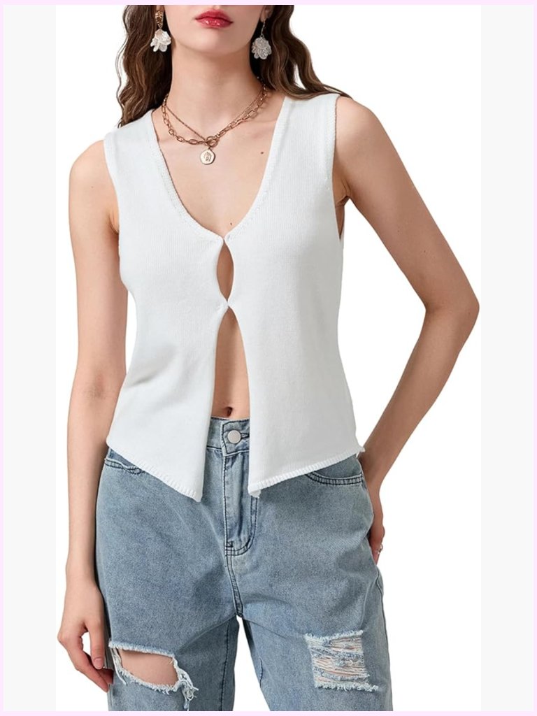 Women's V Neck Sleeveless Button Down Crochet Vest Top